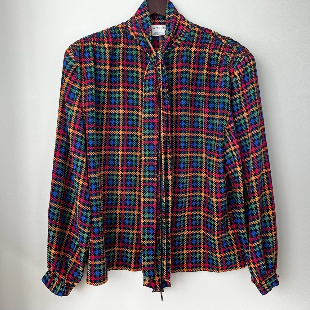 VTG CIAO SPORT Women’s 14 Multicolor Houndstooth Silk Tie Neck Blouse RETRO CHIC - Picture 6 of 10